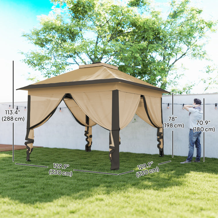 11' x 11' Beige Pop-Up Gazebo with Double Roof & Mesh Sidewalls