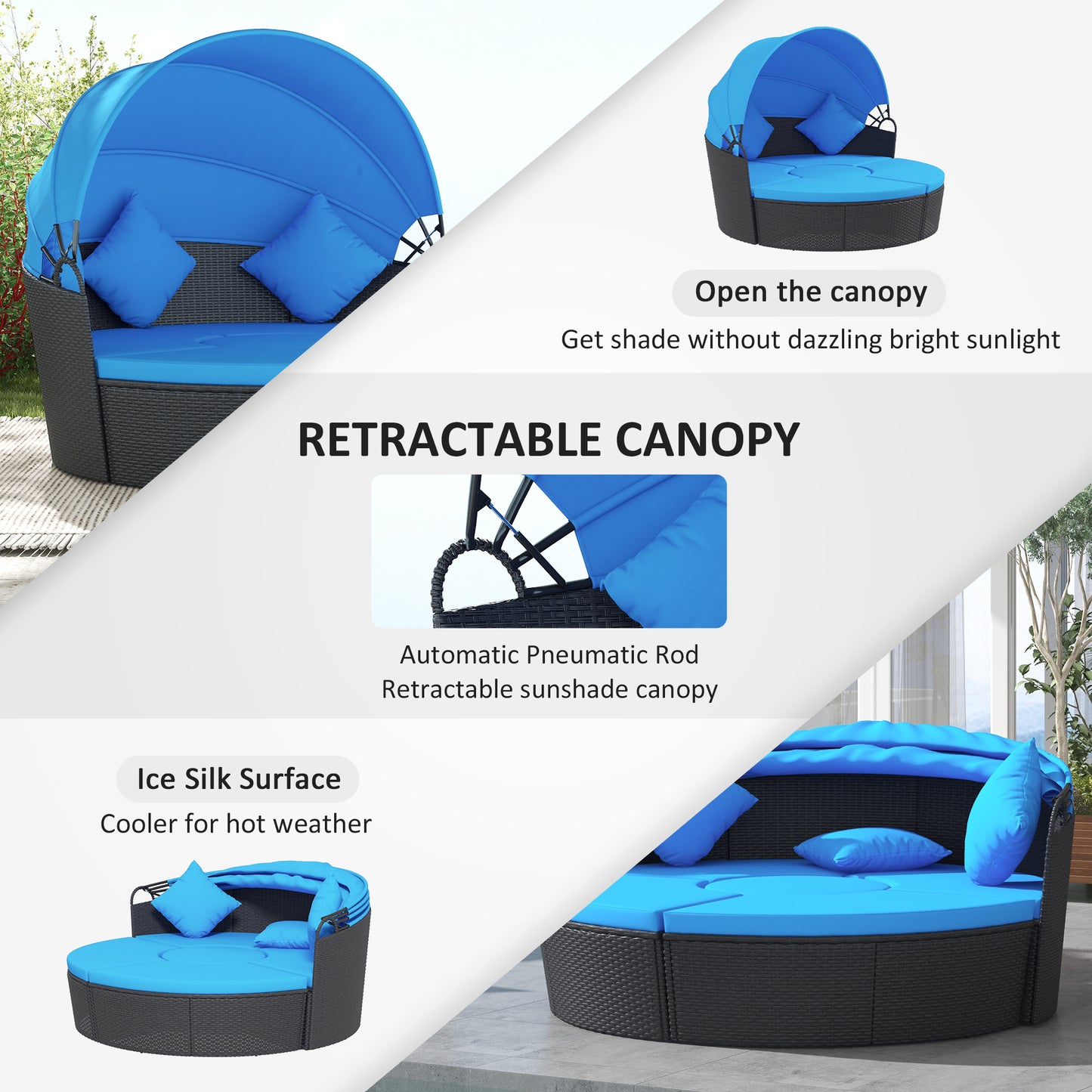 4 Pieces Outdoor Daybed with Retractable Canopy, Wicker Lounger Bed, Conversation Furniture Set, Dark Blue