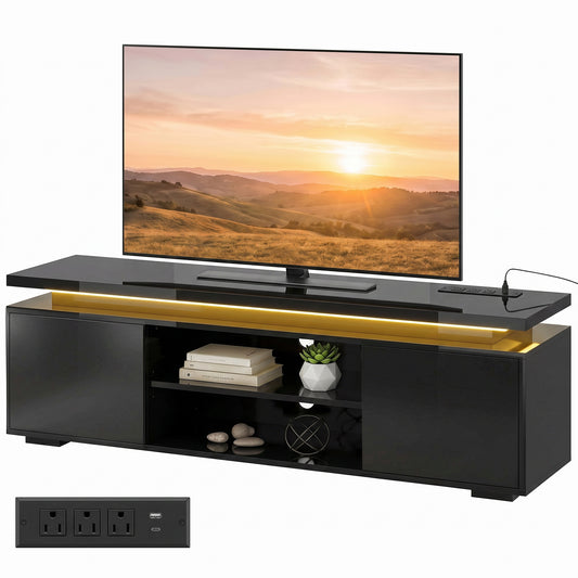 60" TV Stand with LED Lights and Power Outlets - Gloss Black