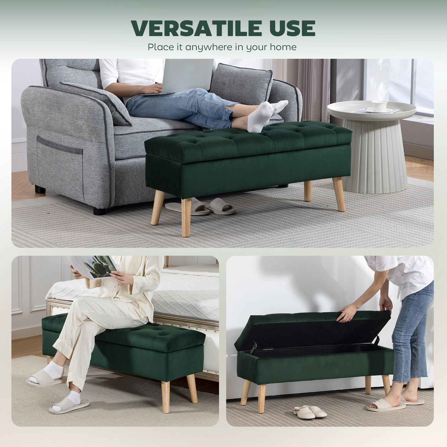 Storage Ottoman with Lid, Velvet Upholstered Storage Bench with Wood Legs for Living Room, Dark Green