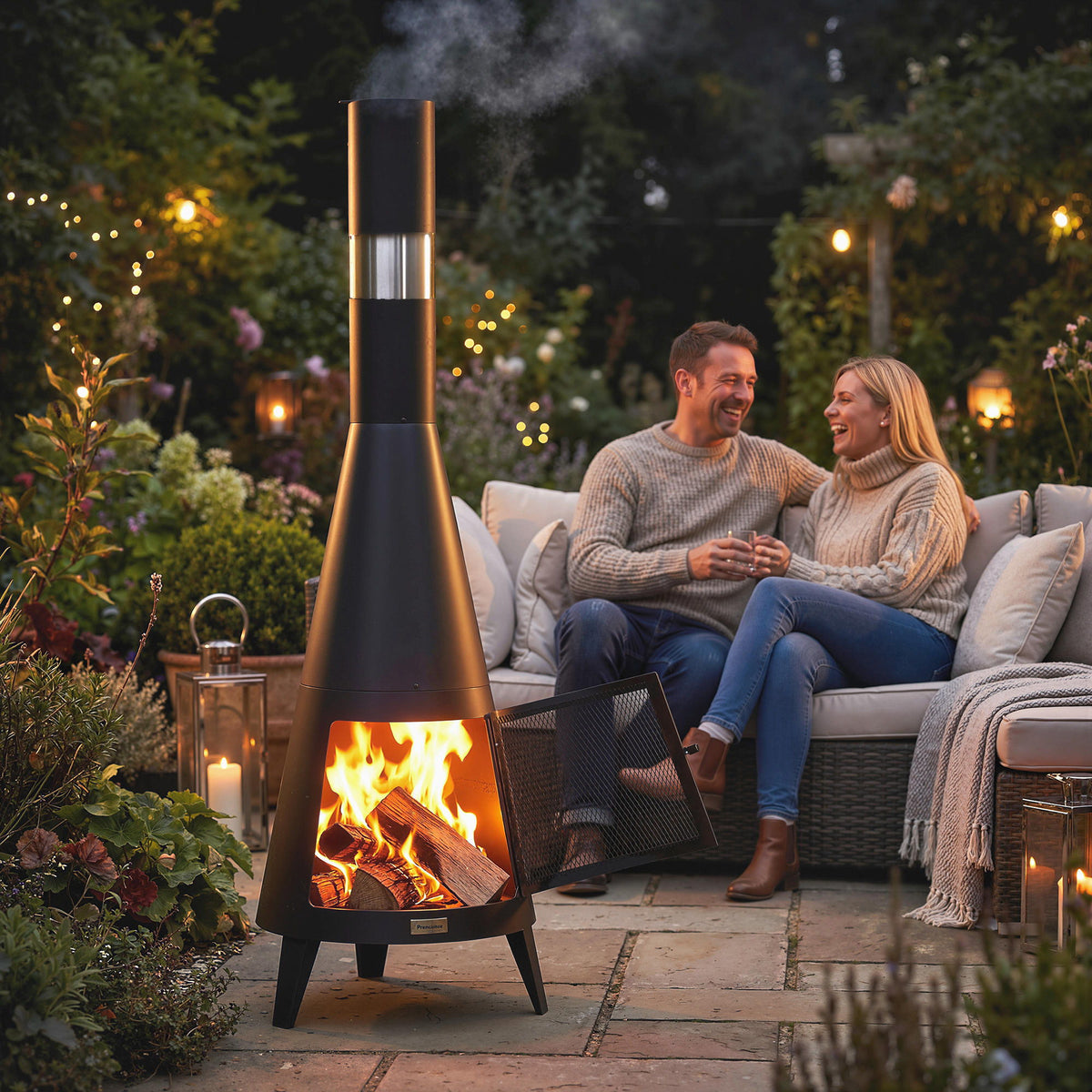 Wood Burning Firepit with Chimney, Outdoor Fire Pit with Poker, Mesh Screen, Black