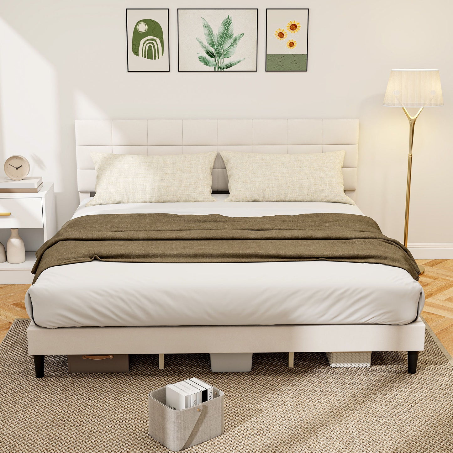 King Size Bed Frame with Upholstered Headboard, Modern Platform Bed Frame with Wood Slats, 1100 lbs Capacity, Cream White