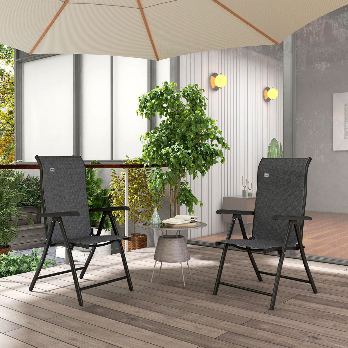 2PCs Outdoor Wicker Folding Chairs with Adjustable Backrest, Grey