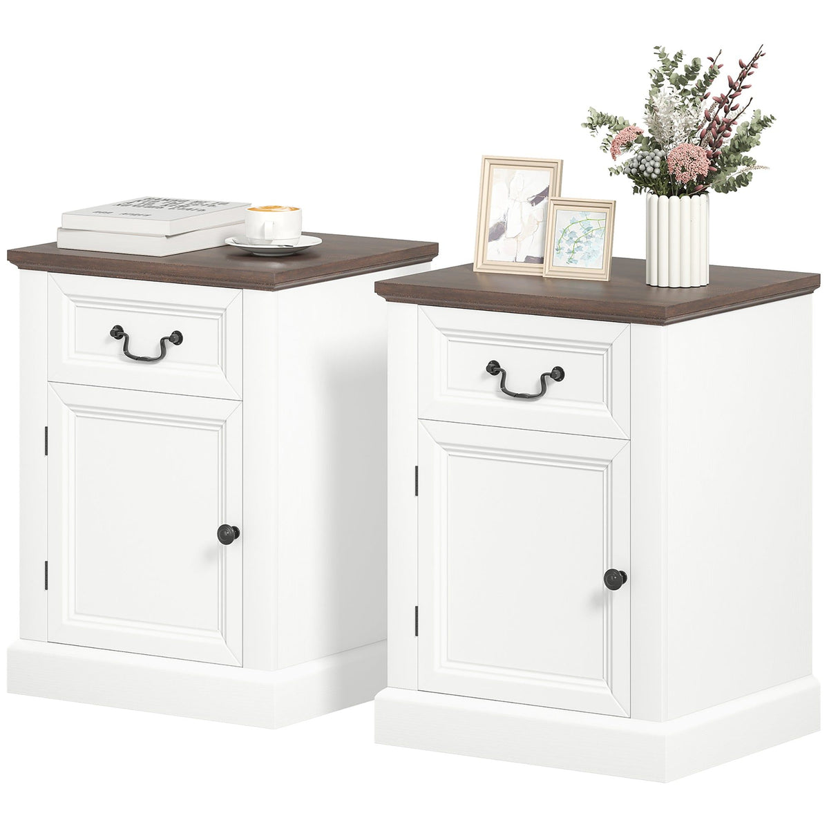 Set of 2 End Tables with Drawer and Cabinet - White