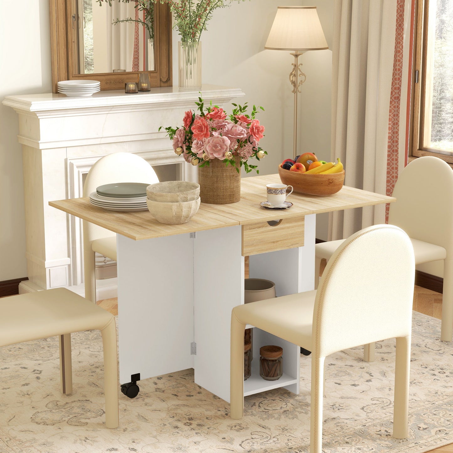 Folding Dining Table, Space Saving Drop Leaf Table with Drawer and Storage Shelves for Kitchen, Dining Room, Oak