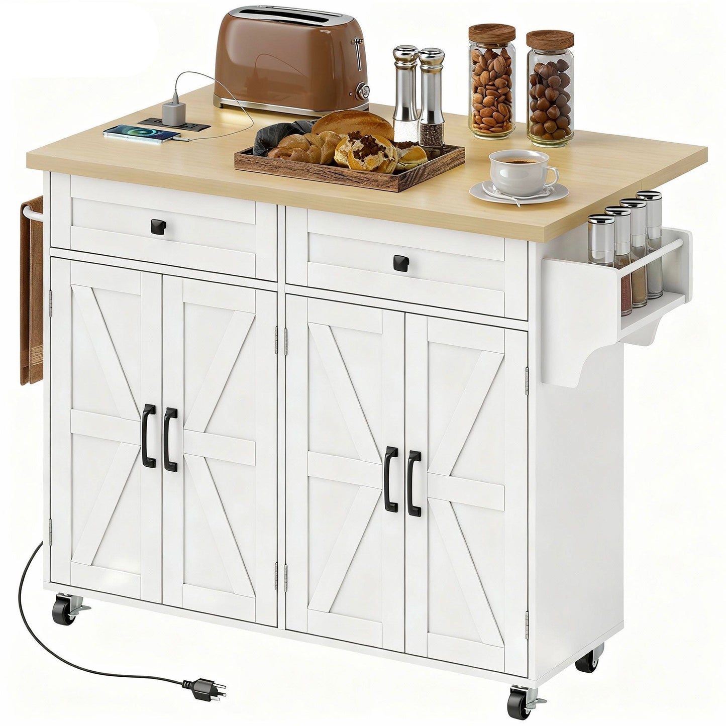 Rolling Kitchen Island Cart with Charging Station - White