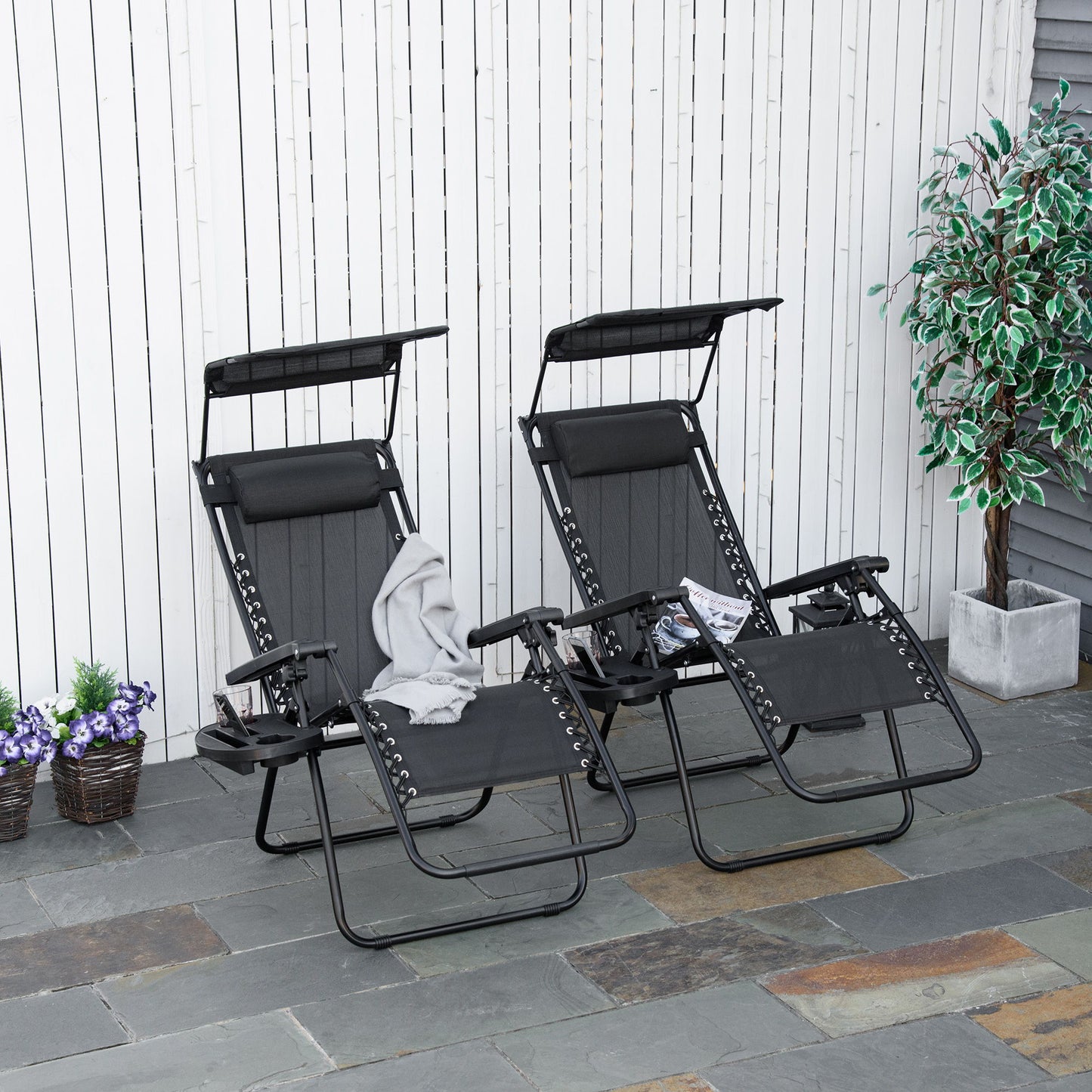 2 Piece Foldable Lounge Chair with Canopy Shade, Outdoor Zero Gravity Chair w/ Side Tray & Cup Holder, Reclining Lounger w/ Breathable Mesh Fabric Seat, Pillow, Black