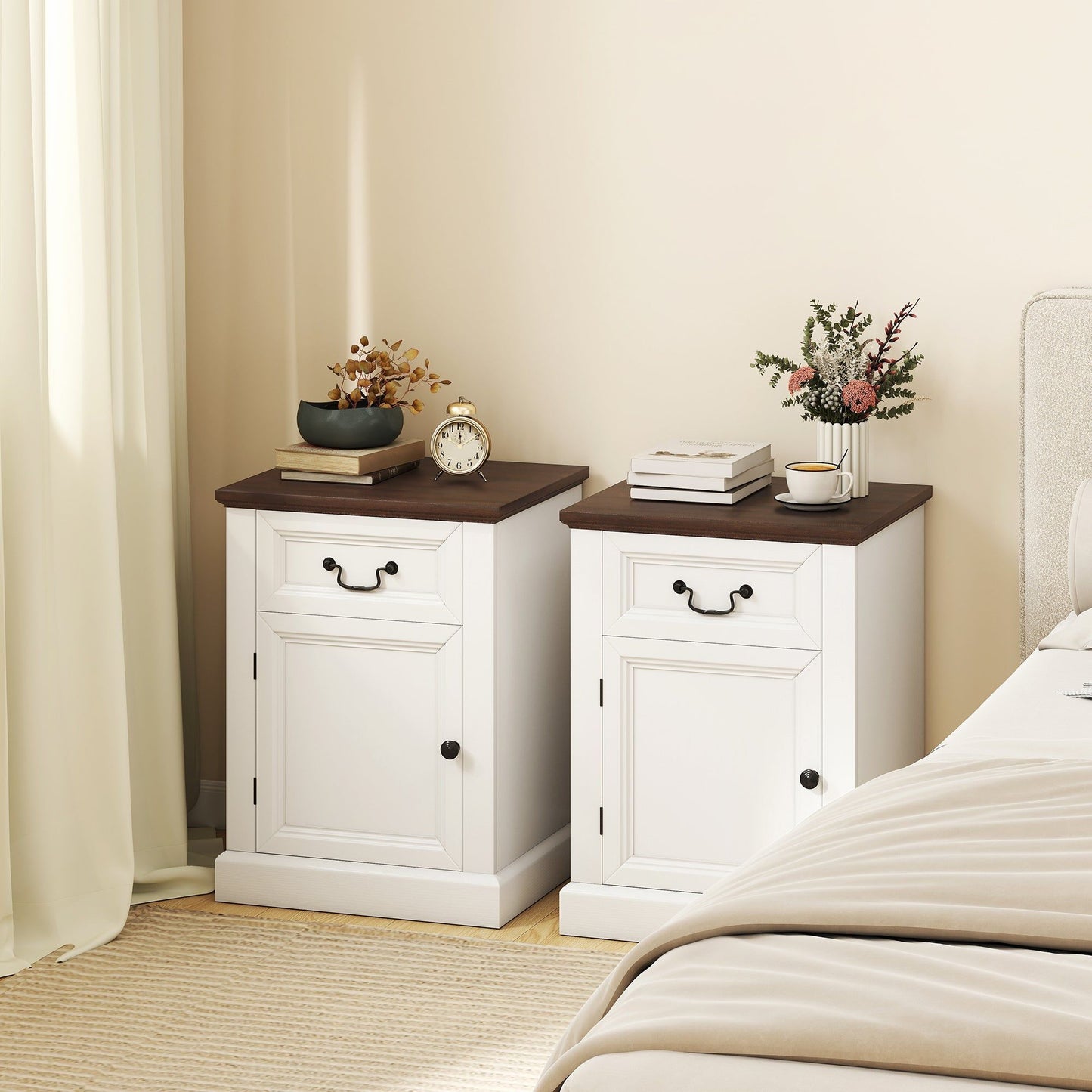 Set of 2 End Tables with Drawer and Cabinet - White