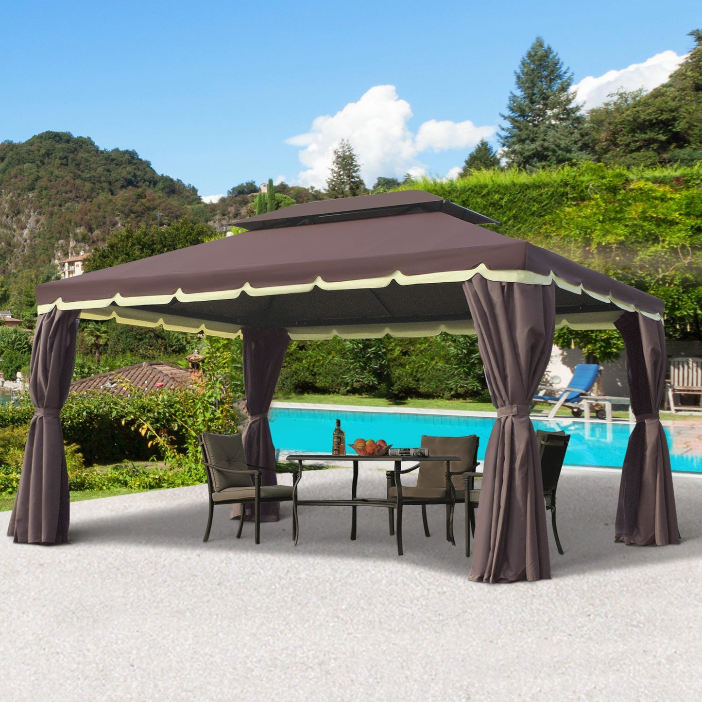 10 x 13ft Aluminum Frame Gazebo Canopy Double Tier Garden Shelter with Netting and Curtains, Coffee