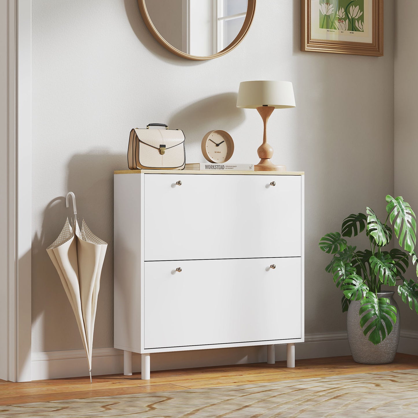 2 Drawers Shoe Storage Cabinet with Adjustable Shelves for 16 Pairs of Shoes, White