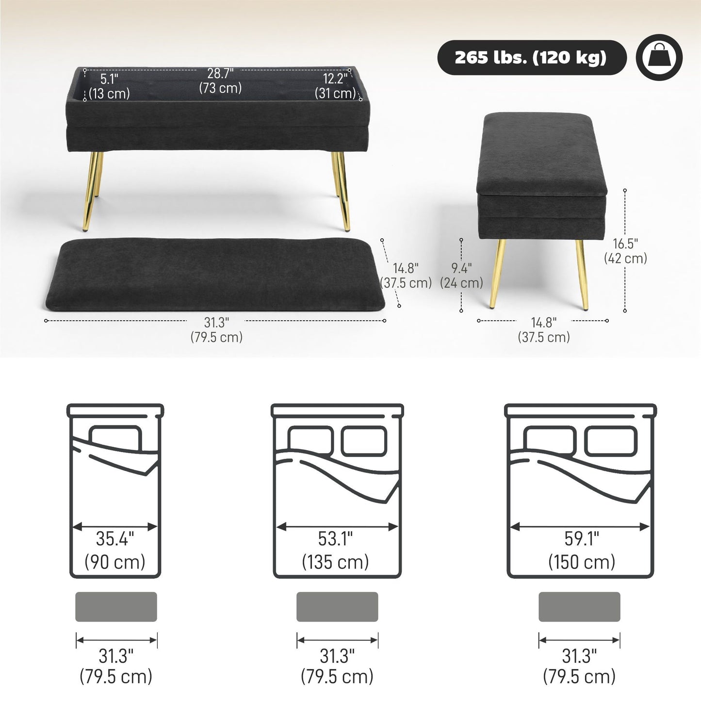 31" Velvet Storage Ottoman Bench with Steel Legs - Black