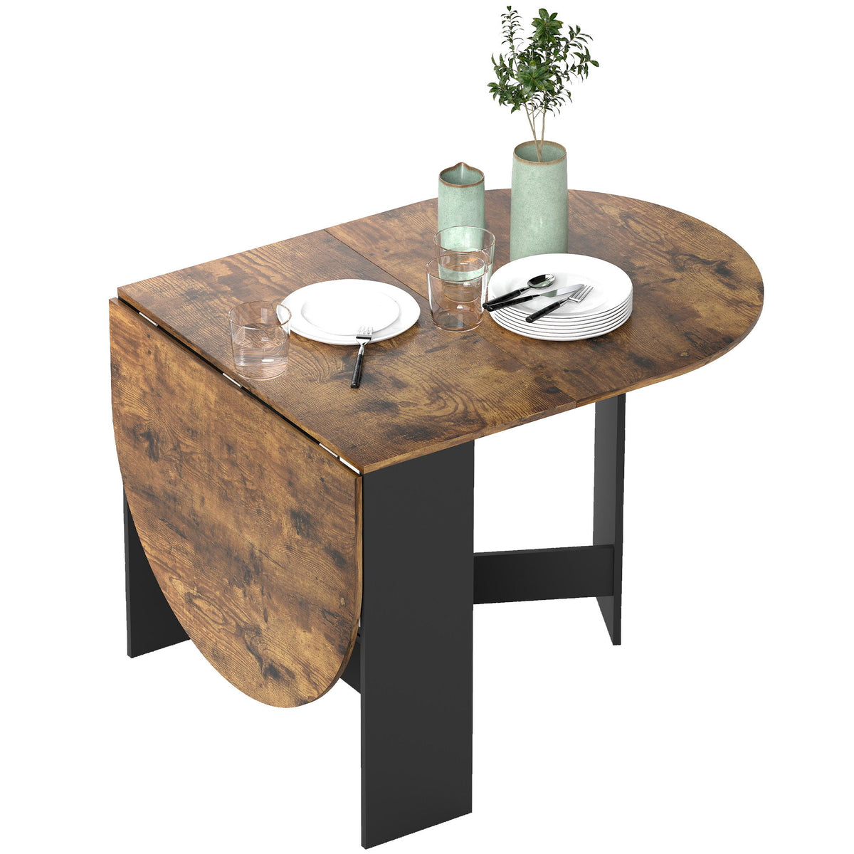 Oval Folding Dining Table, Space Saving Drop Leaf Kitchen Table for Dining Room, Living Room, Rustic Brown