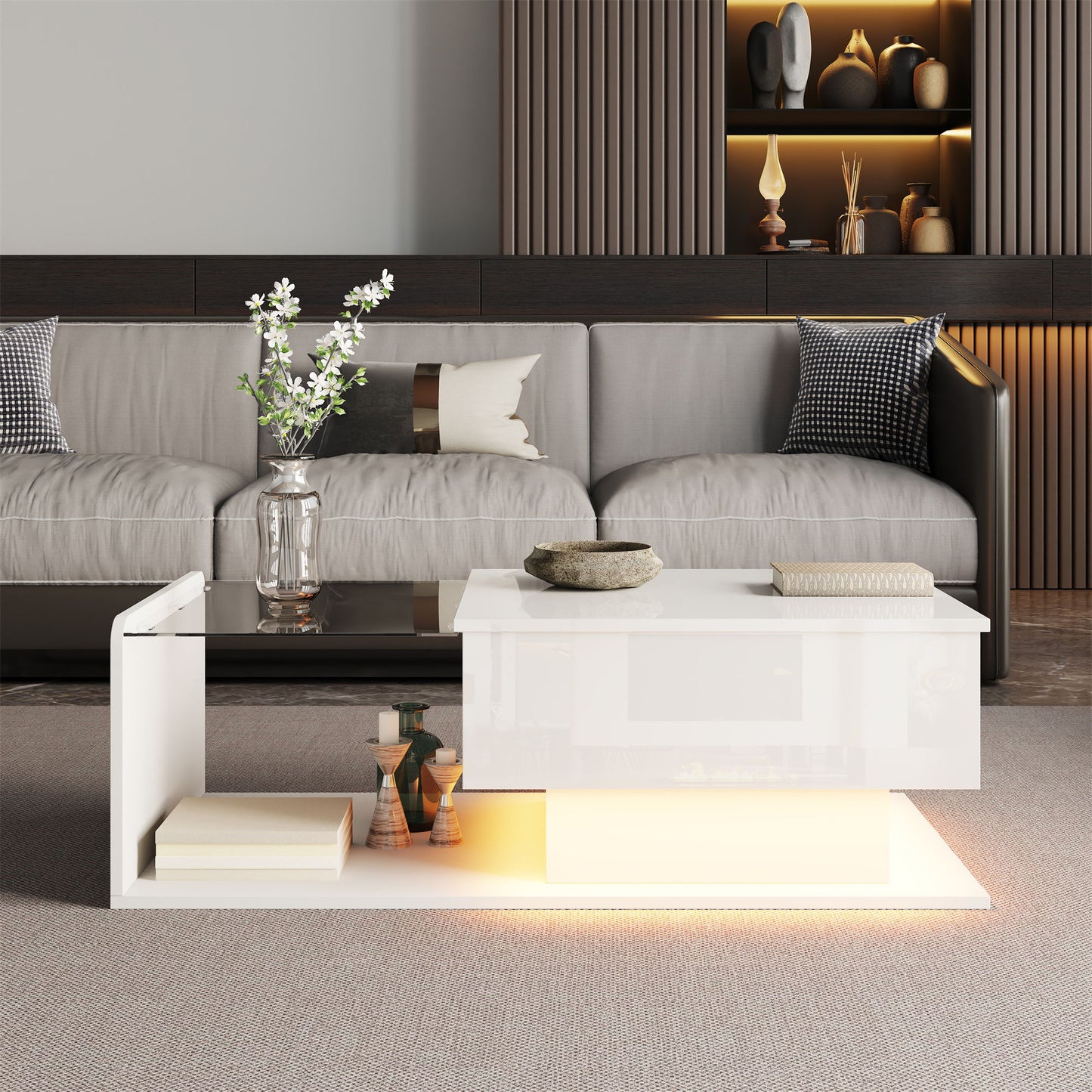 High-Gloss Coffee Table with Adjustable Height and LED Light Strip, Tempered Glass Top, Easy to Install, 39.5" L x 19.5" W x 13" H, White