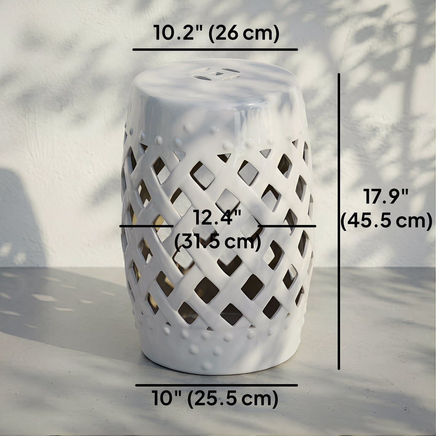 18" Ceramic Garden Stool with Woven Lattice Design, Indoor & Outdoor Decorative Accent Stool, White