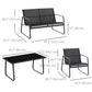 4 Piece Patio Furniture Set, Outdoor Conversation Set with Loveseat Sofa, Armchairs, Glass Top Coffee Table, Black