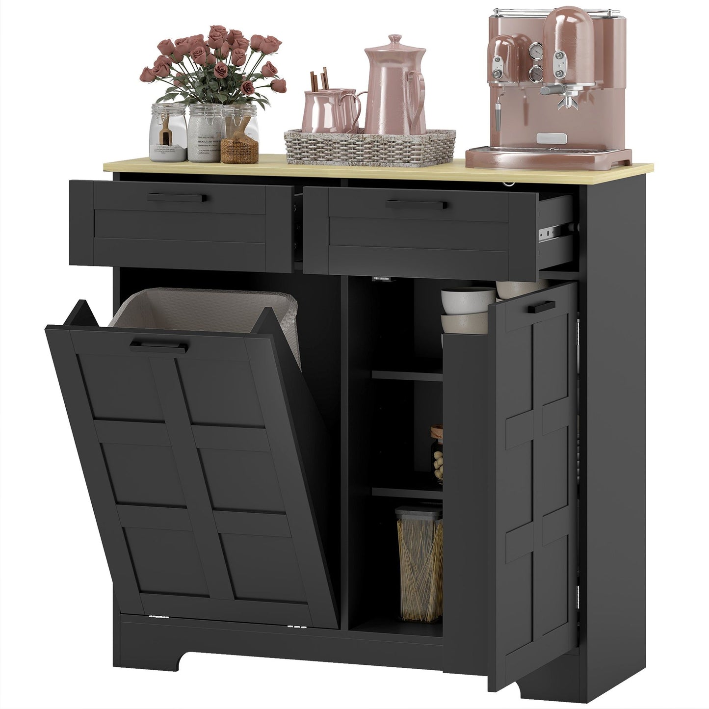 13-Gallon Tilt-Out Trash Cabinet with Drawers - Black