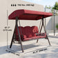 Outdoor Patio 3-Person Steel Canopy Cushioned Seat Bench Swing with Included Side Trays & Padded Comfort, Wine Red