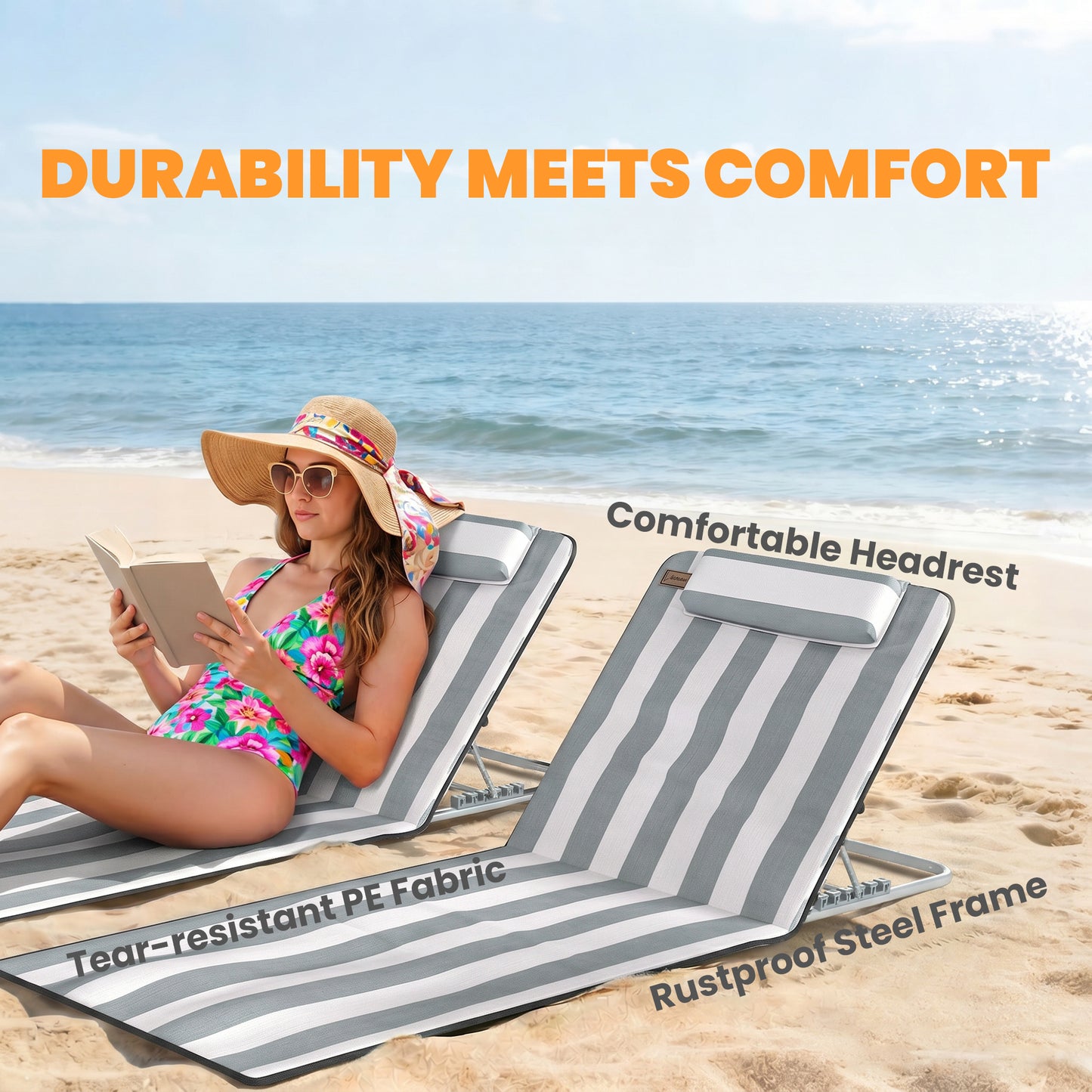 2 Pieces Beach Lounge Chair, Outdoor Folding Chaise Lounge Set w/ Pillow for Sunbath, Snap, Beige