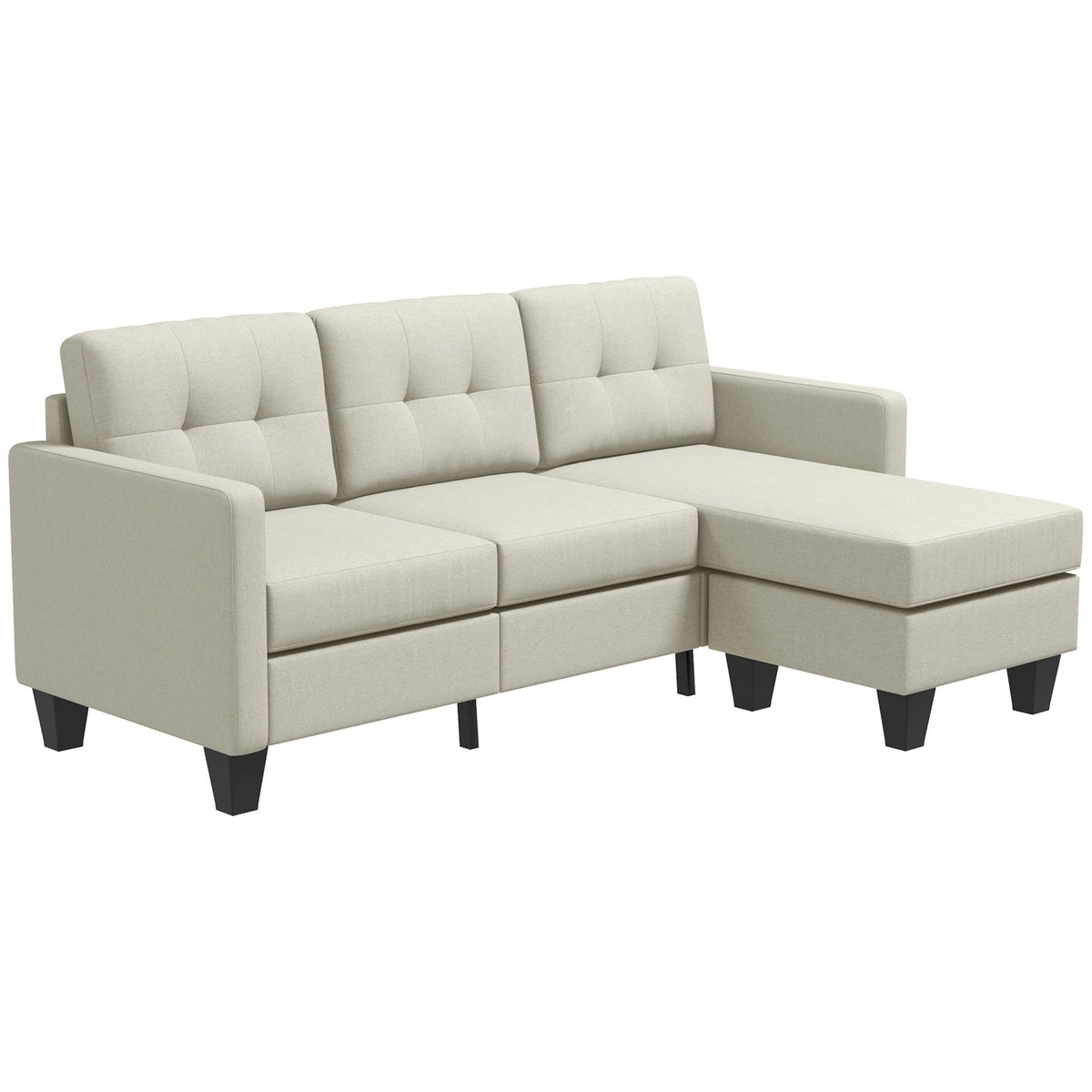 Small Corner Sofa, 3 Seater Sectional Couch with Ottoman, Corner Sofa with Thick Padded Cushion and Wood Legs, Beige
