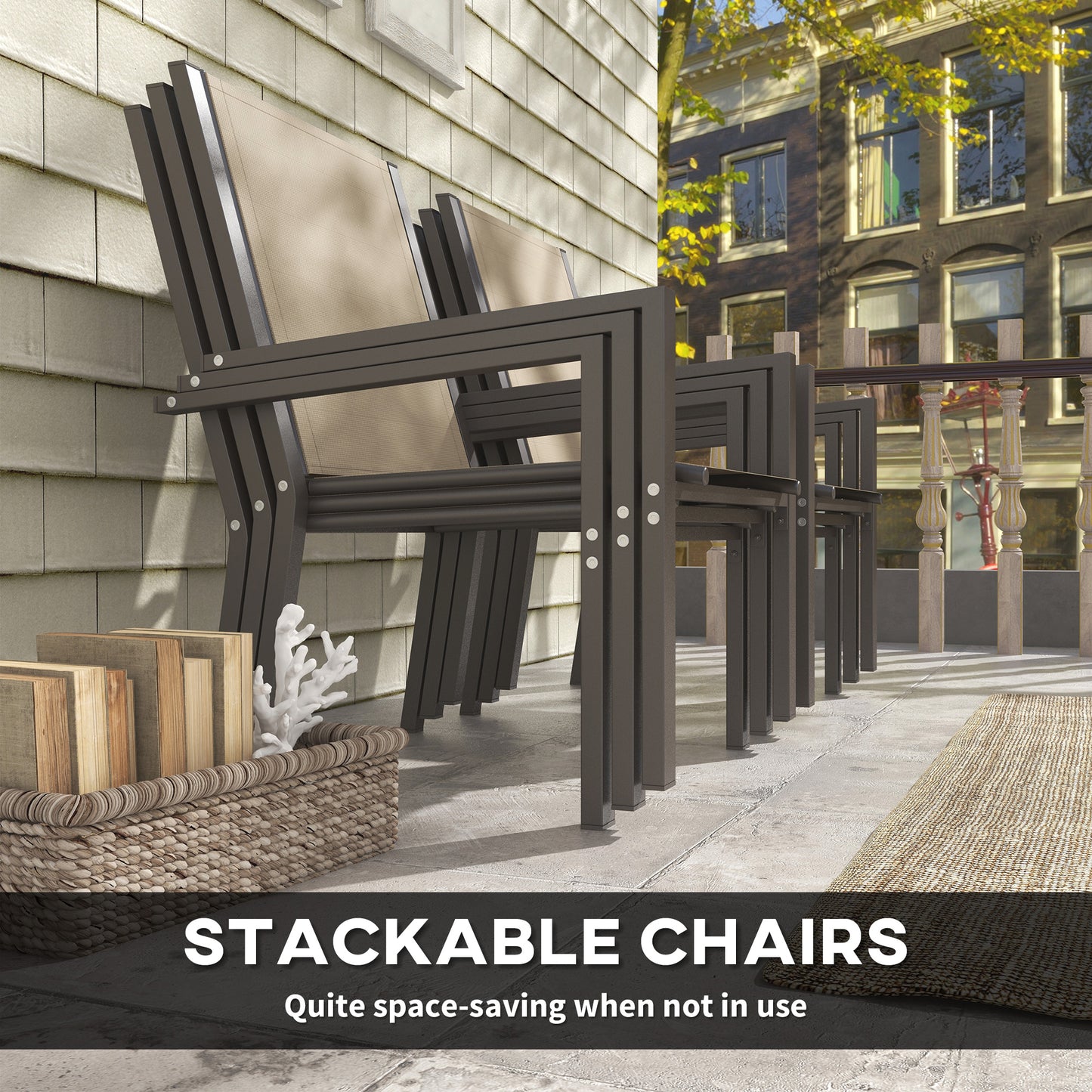 7 Piece Outdoor Dining Set with Rectangular Table and 6 Stackable Chairs, for Backyard, Lawn, Deck, Balcony, Pool Side