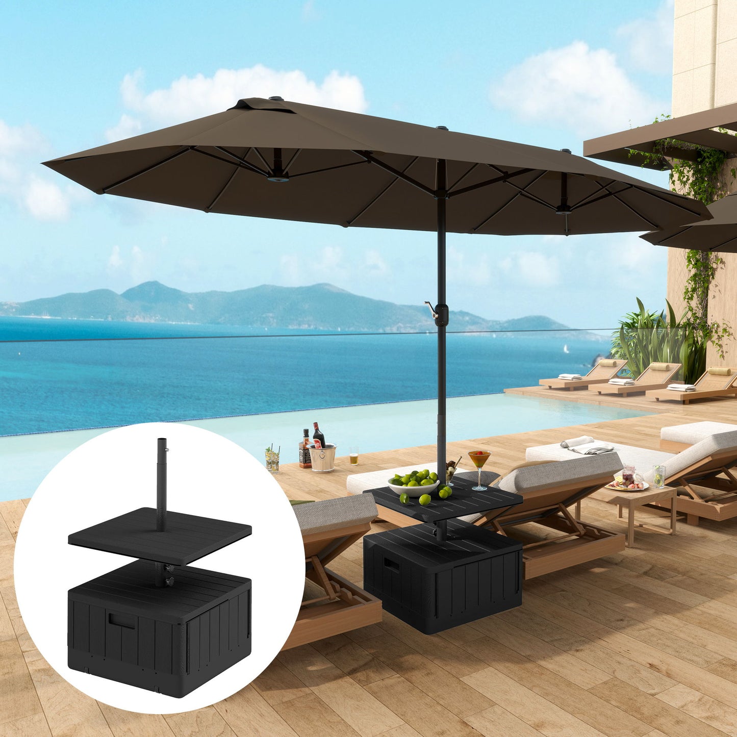 Patio Umbrella Weighted Base with Table Tray, Heavy Duty Umbrella Base with Wheels Handles, 176lbs with Stand Filling, Patio Umbrella Stand Base for Garden Poolside, Black
