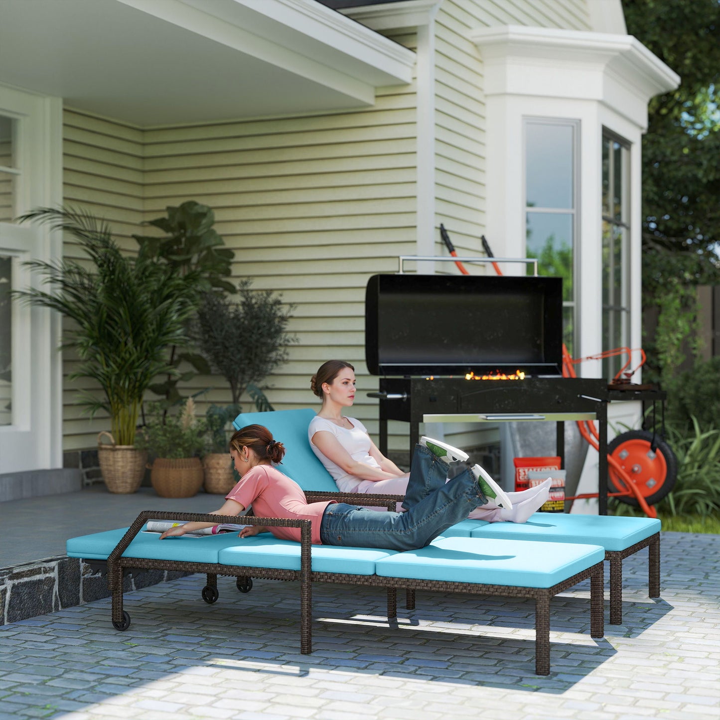 2 Piece Wicker Chaise Lounger PE Rattan Outdoor Lounge Chair Recliner with Adjustable Backrest and 2 Wheels, Sky Blue