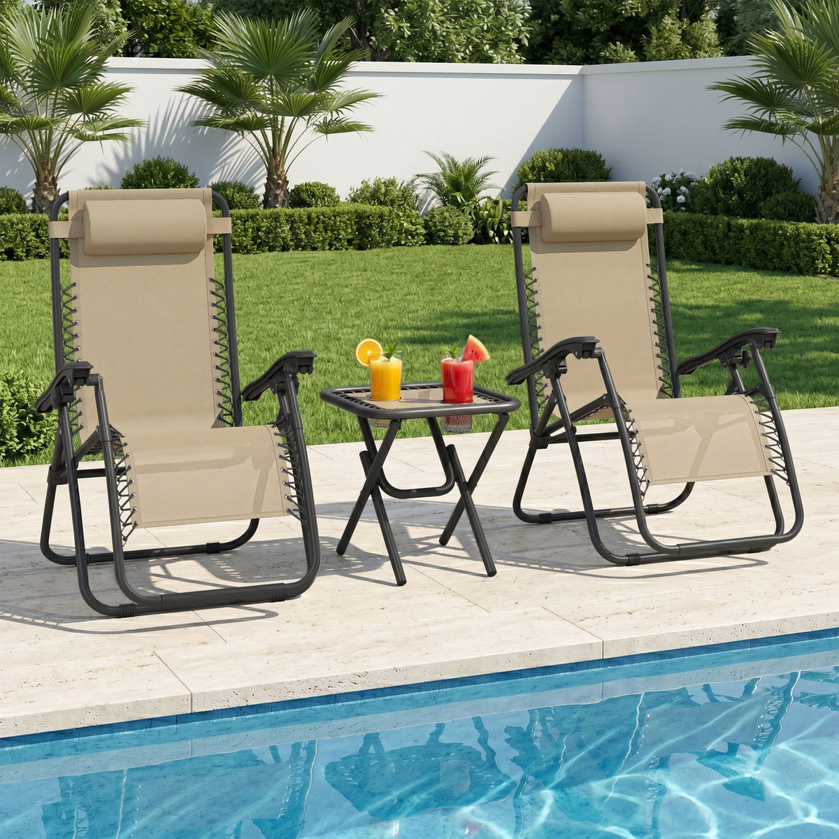 Zero Gravity Chair Set of 2 Patio Chair with Side Table Cupholders and Pillows for Pool, Backyard, Lawn, Beige
