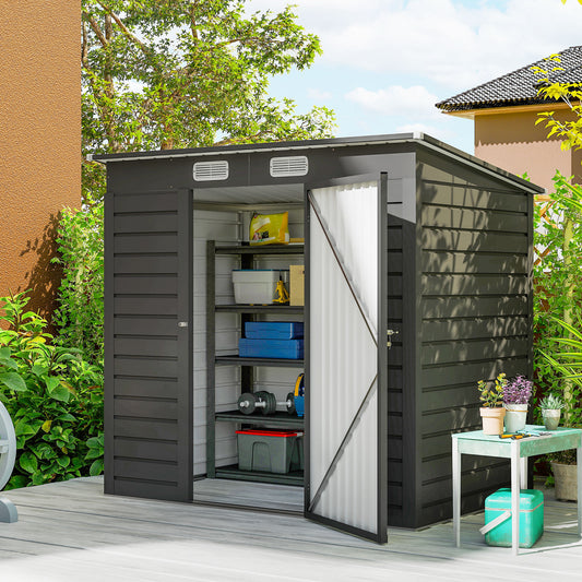 6 x 4FT Galvanized Garden Storage Shed, Metal Outdoor Shed with Double Doors and 2 Vents, Grey