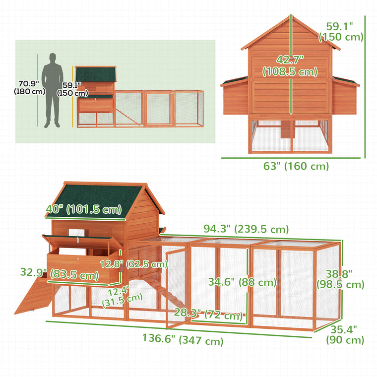 137" Orange Wooden Chicken Coop with Run & Nesting Box