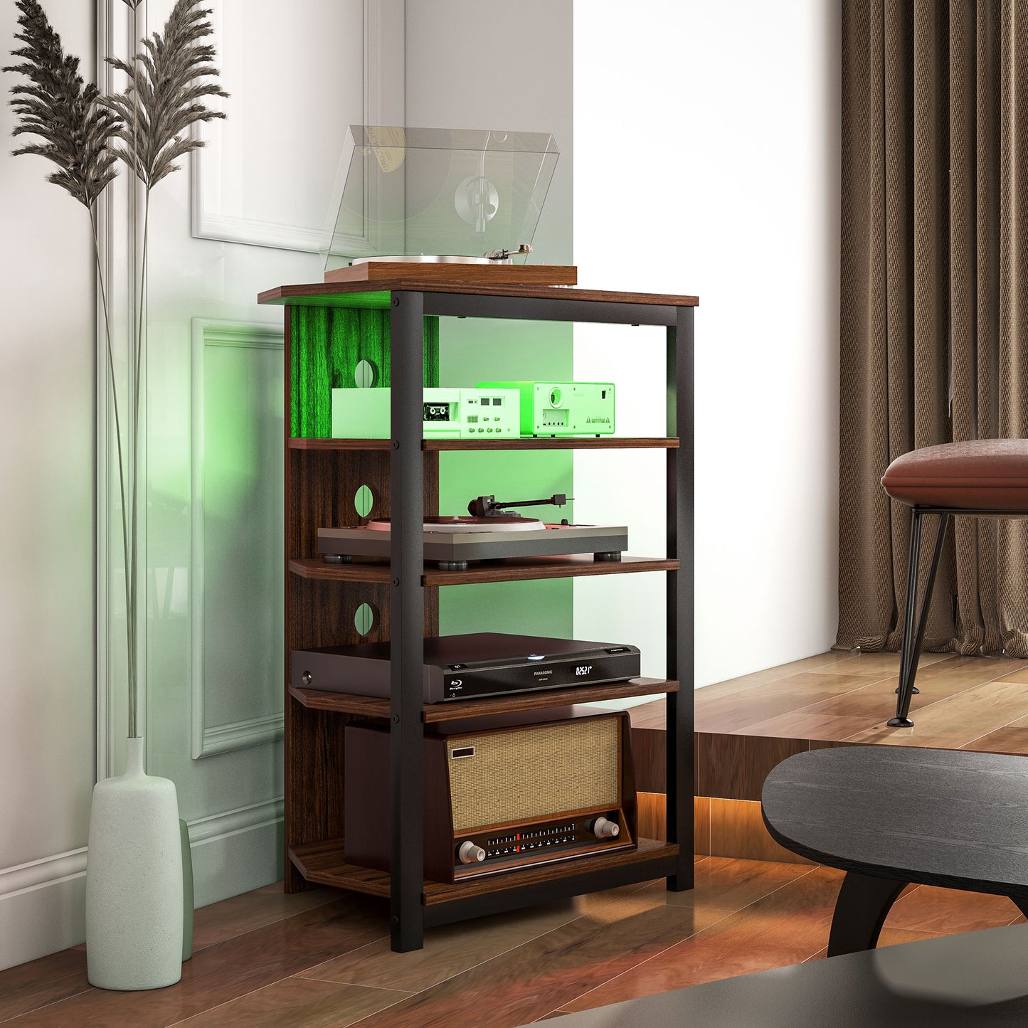 TV Stand for TVs up to 29", Entertainment Center with 4-Tier Storage Shelves and LED Lights for Living Room