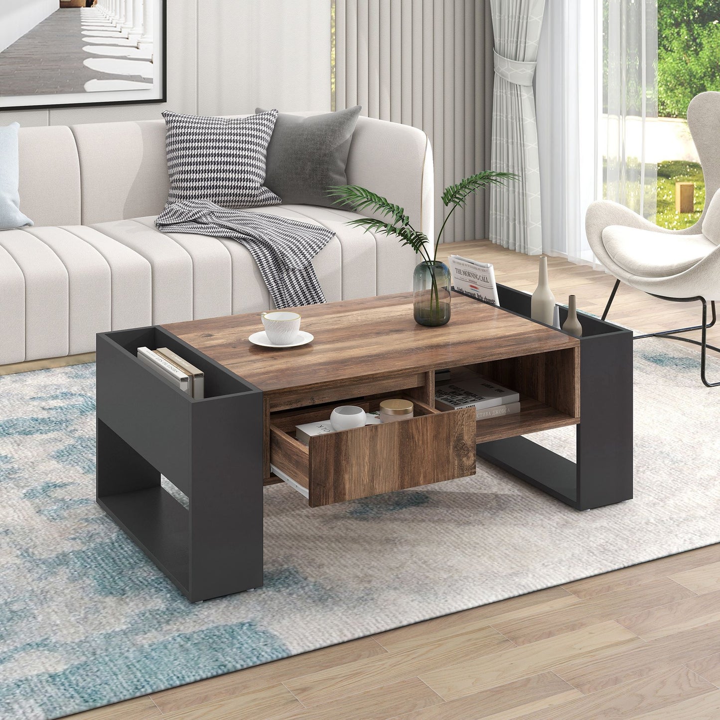 Wood Grain Coffee Table with Handleless Drawer, Double Storage Compartments, Easy Assembly, 43.5" L x 23.5" W x 15.5" H, Grey+Wood