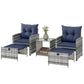 5 Piece Patio Furniture Set, Wicker Patio Chairs with Ottomans, 2-Tier Glass Coffee Table and Cushions, Grey/Dark Blue