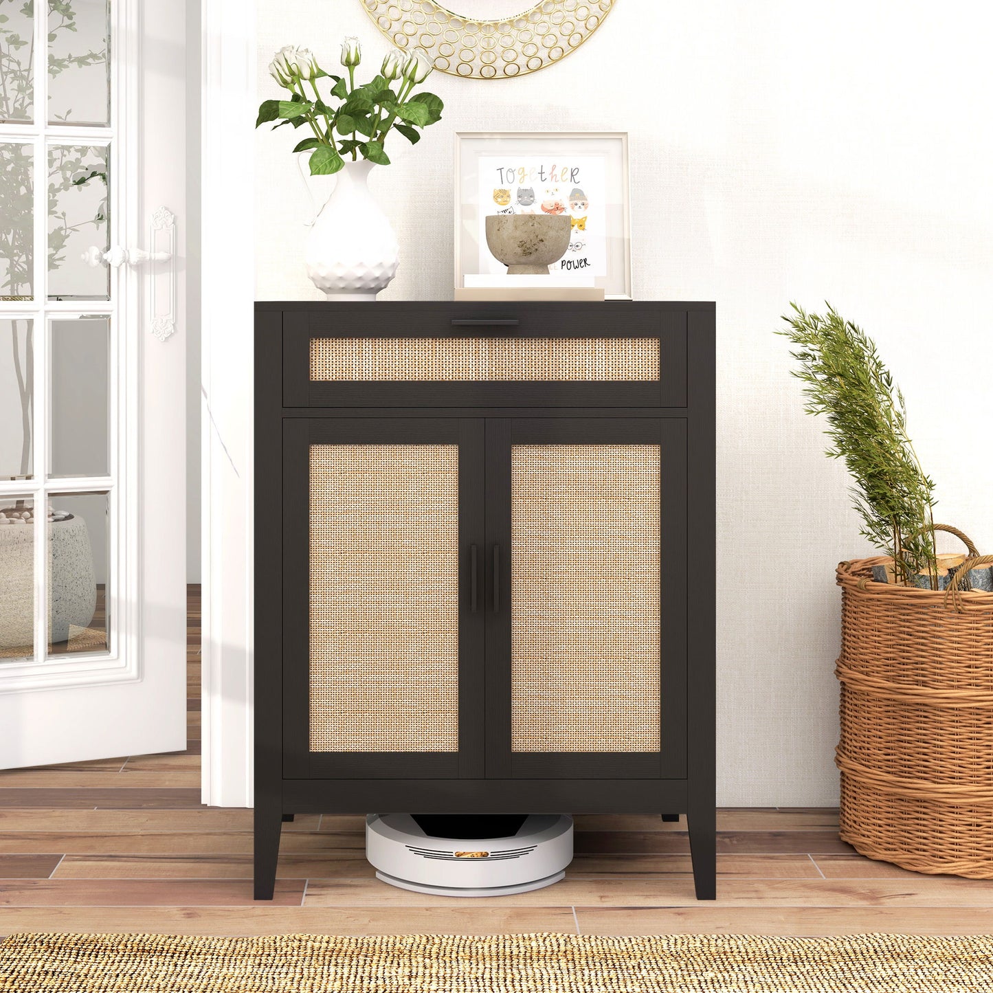 Kitchen Sideboard, Boho Storage Cabinet with 2 Rattan Decorated Doors and Drawer for Dining Room, Black