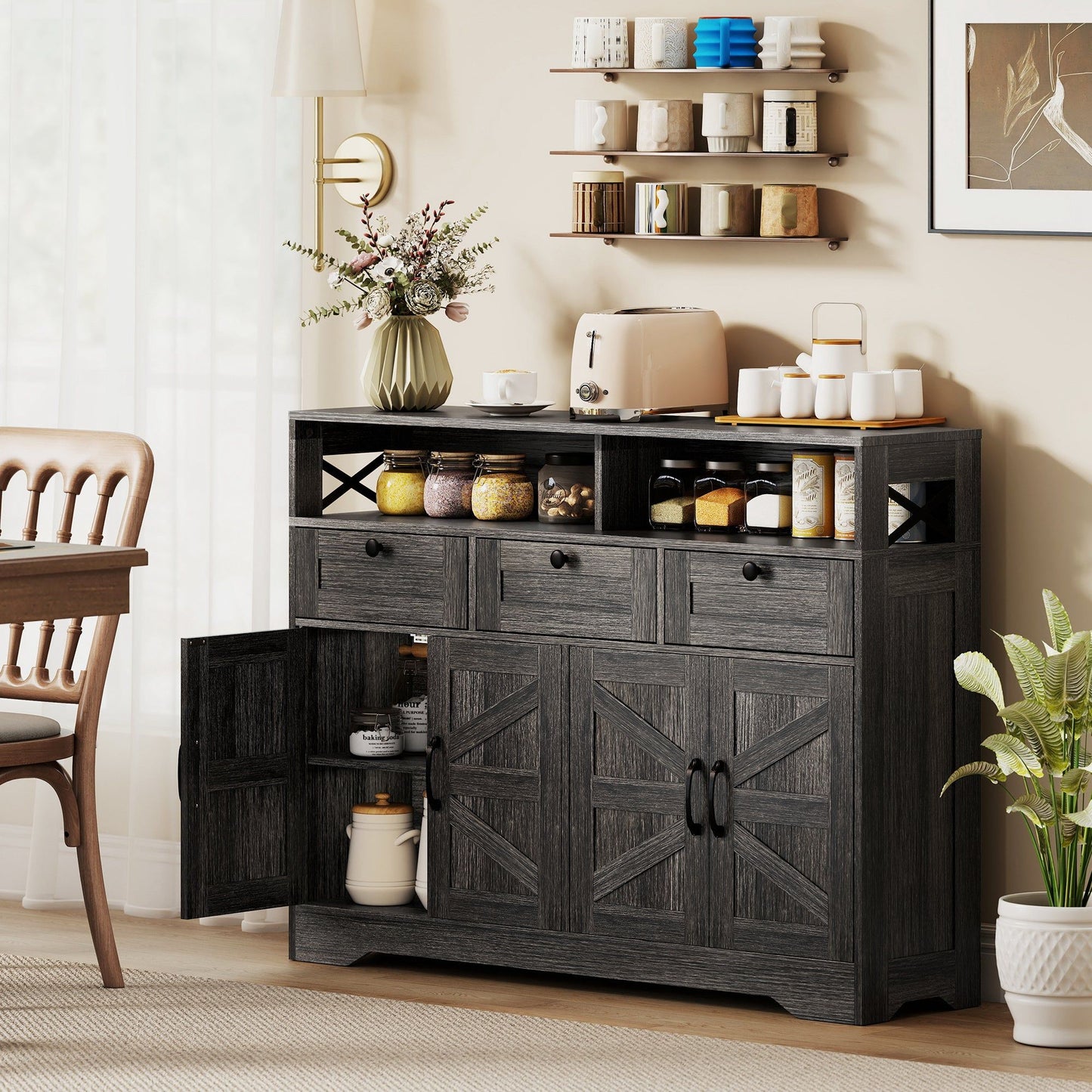 Sideboard Buffet Cabinet with 4 Doors and 3 Drawers - Dark Brown