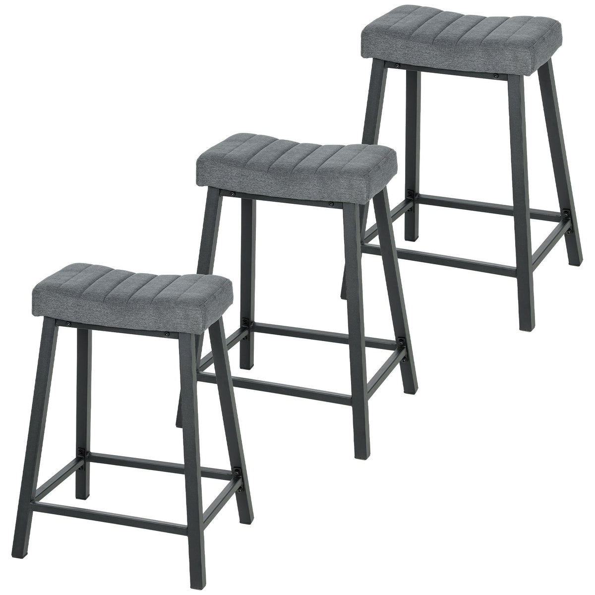 Velvet Bar Stools Set of 3 with Footrest - Grey