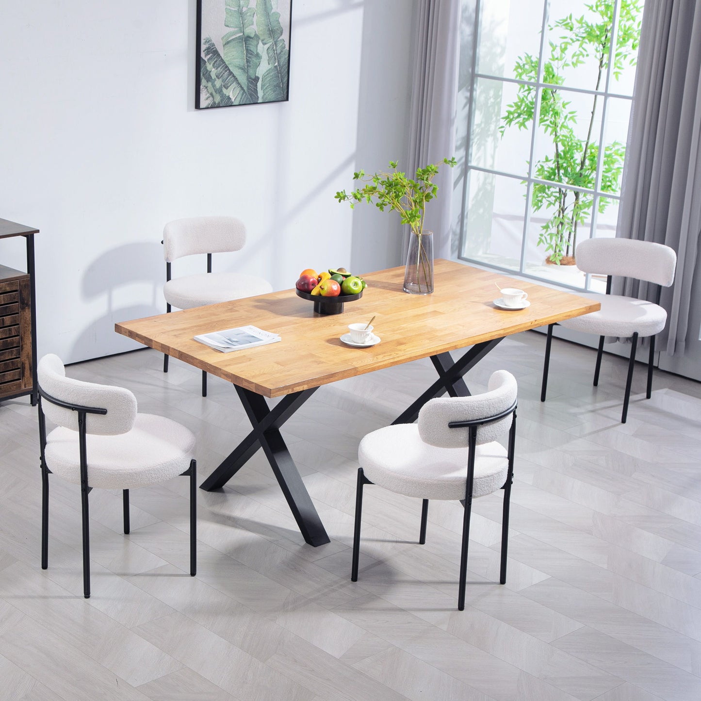 4 Pieces Kitchen Chairs, Modern Dining Chairs w/ Berber Fleece Upholstery and Steel Legs for Living Room, Cream White