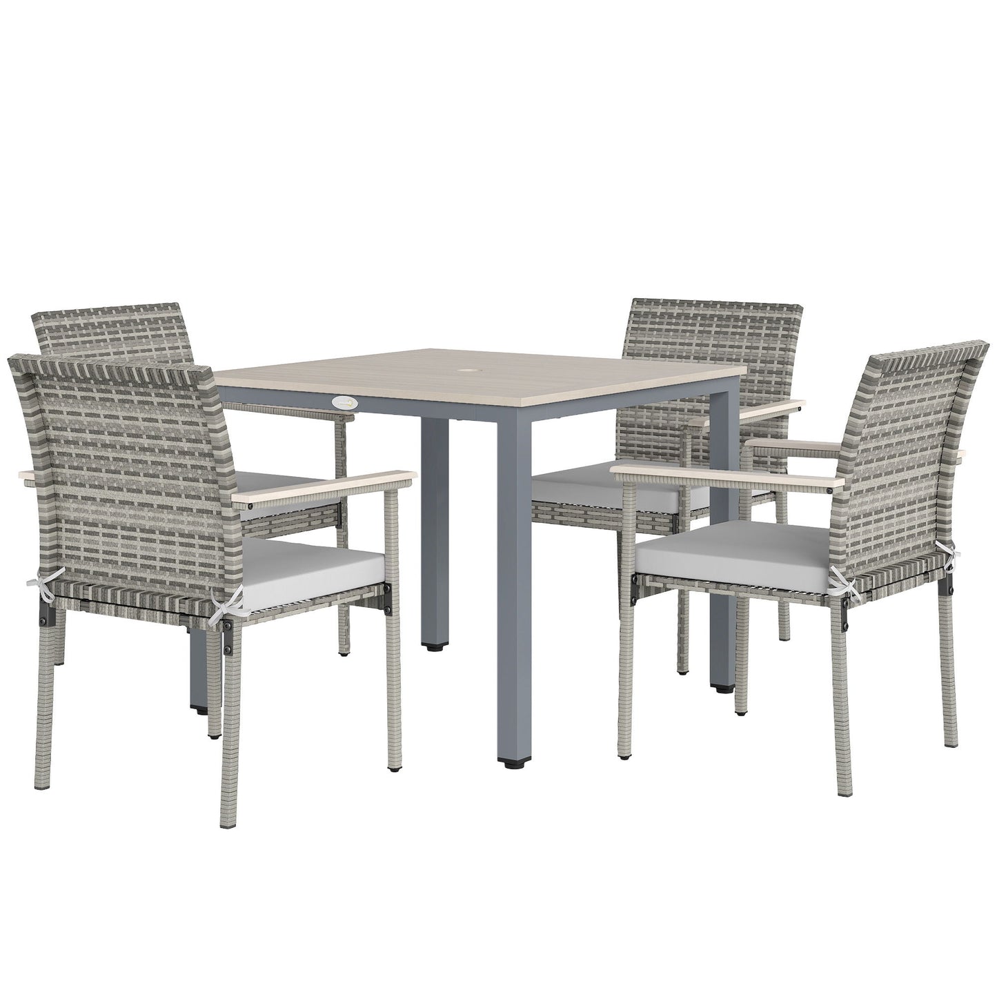 5 Pieces Wicker Outdoor Furniture Set, Rattan Patio Dining Set with Cushions, Umbrella Hole for Garden Backyard, Grey