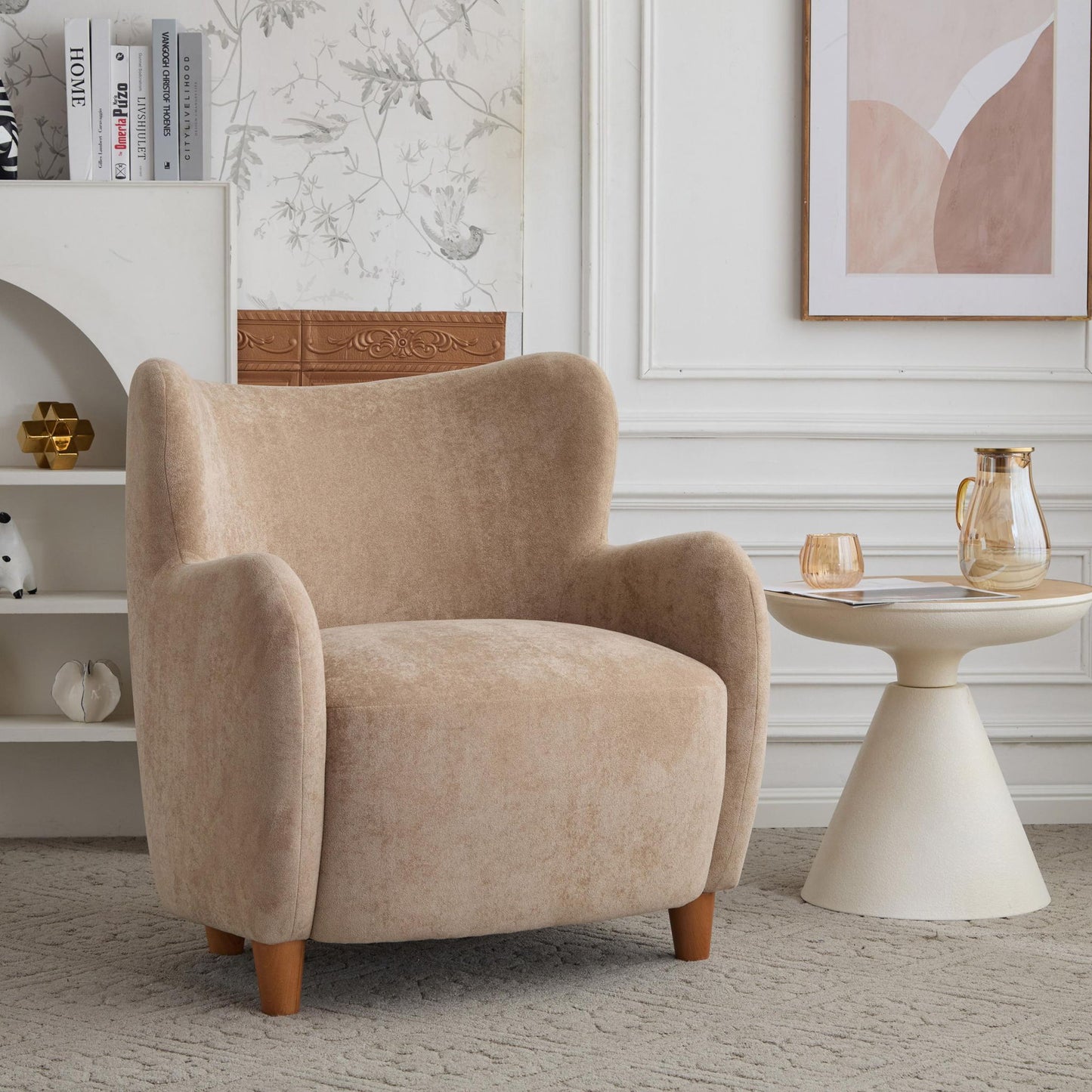 Luxe Wingback Armchair with Pocket-Spring Cushion, Elegant Lounge Chair for Living Room, 31" L x 32" W x 33" H, Light Camel+Light Teak
