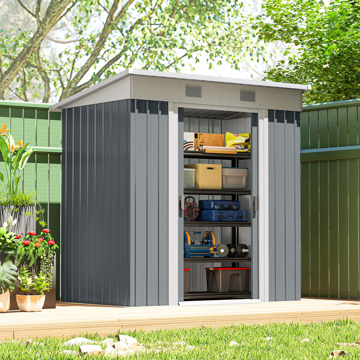 6' x 4' Outdoor Storage Shed, Metal Garden Shed with Lockable Sliding Doors and Vents, Grey