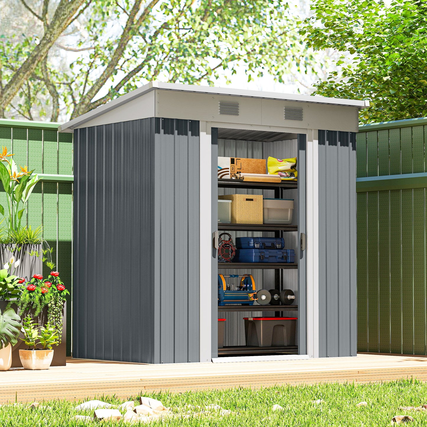 6' x 4' Outdoor Storage Shed, Metal Garden Shed with Lockable Sliding Doors and Vents, Grey