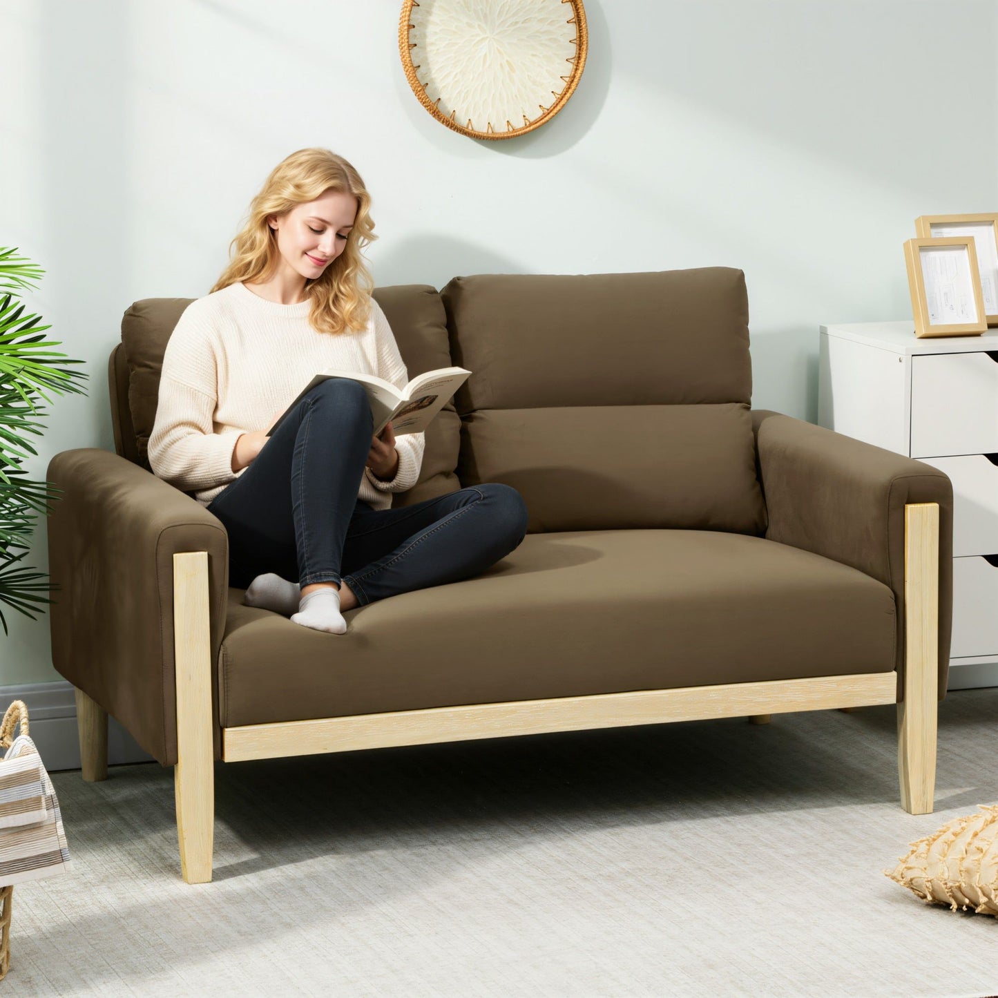 53" Velvet Loveseat Sofa with Wood Legs - Brown