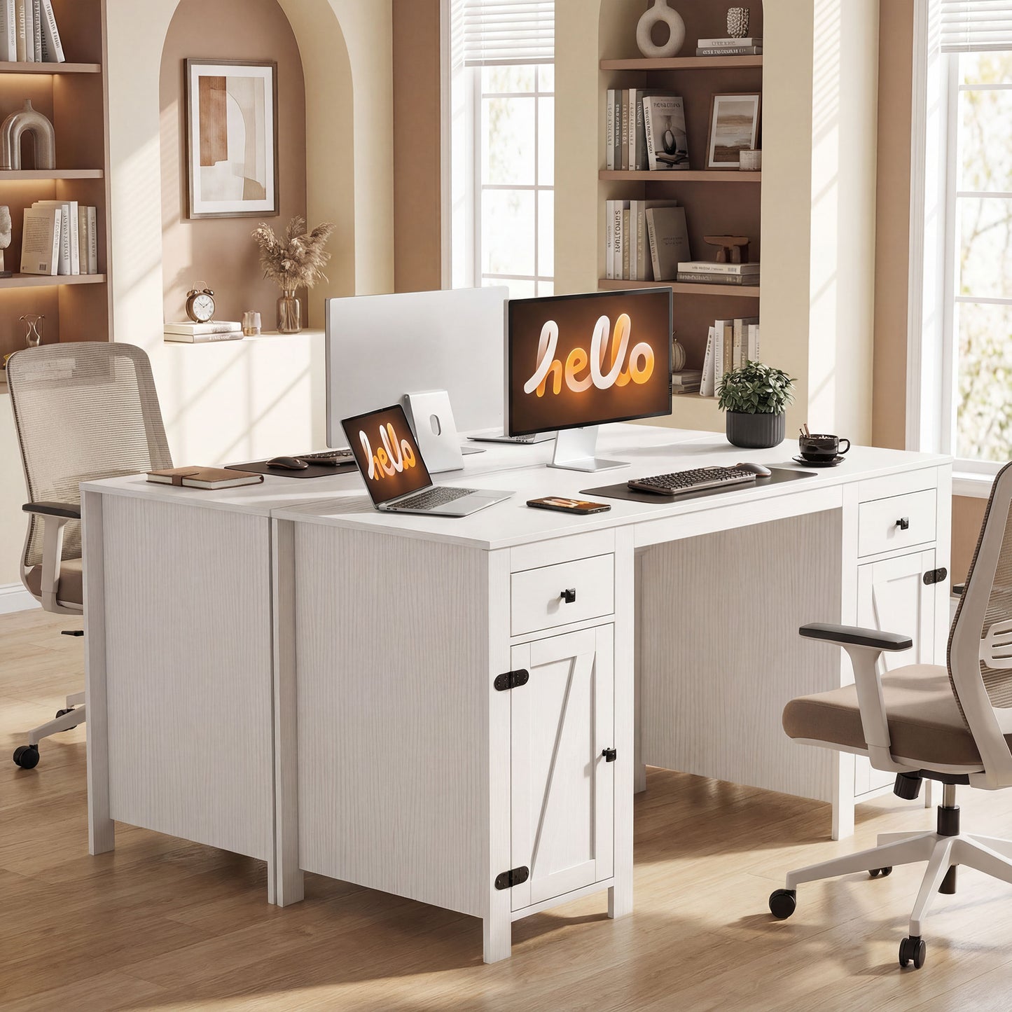 53" Farmhouse Executive Desk, Computer Desk with Drawers and 2 Cabinets, Study Table for Home Office, White Wood Grain