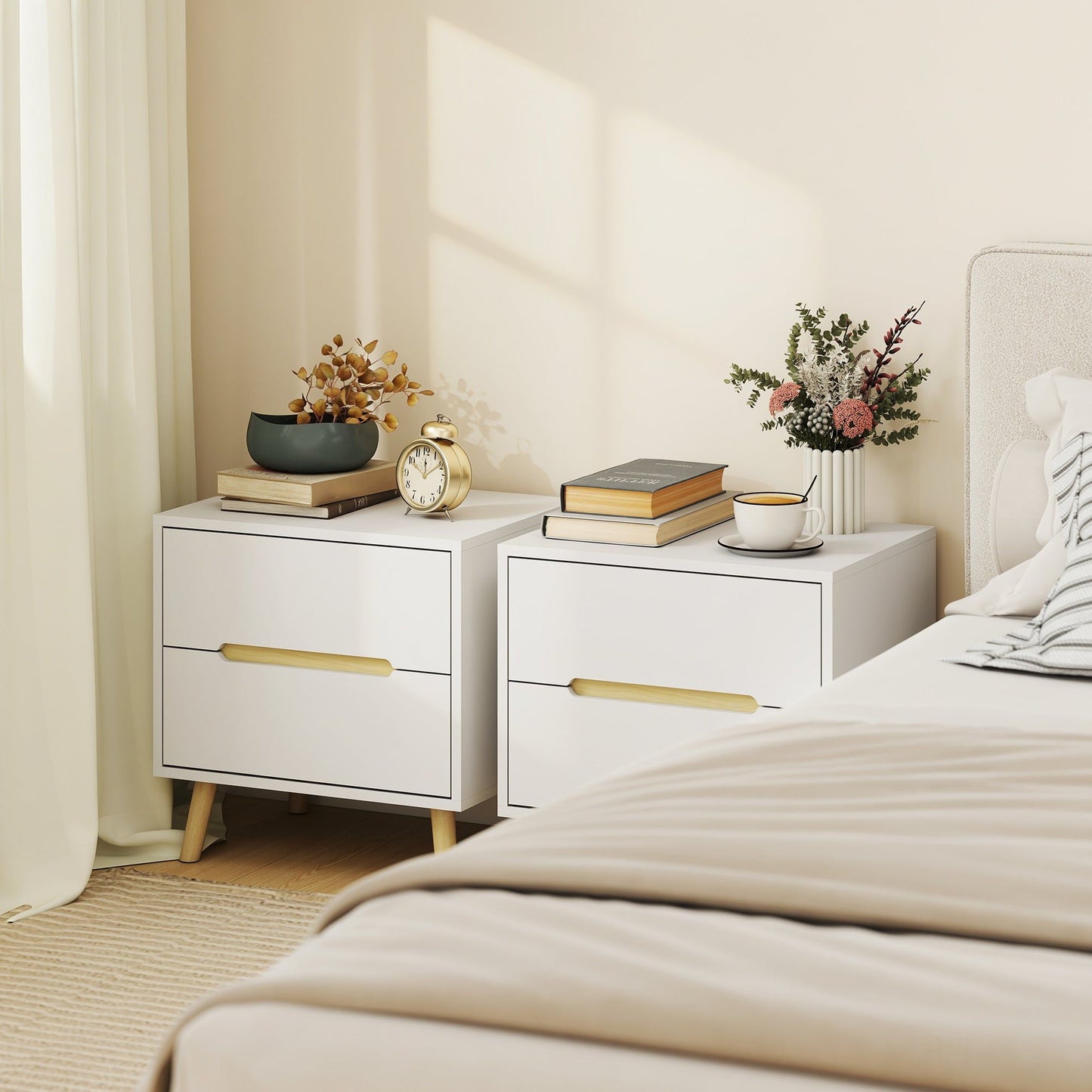 Nightstand Set of 2 with 2 Drawers and Solid Wood Legs - White