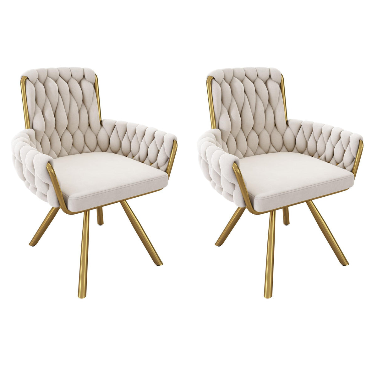 Set of 2 Velvet Dining Chairs with 4 Electroplated Metal Legs, Modern Swivel Chairs with Ergonomic Upholstery, 25'' L x 25'' W x 34'' H, Beige+Gold