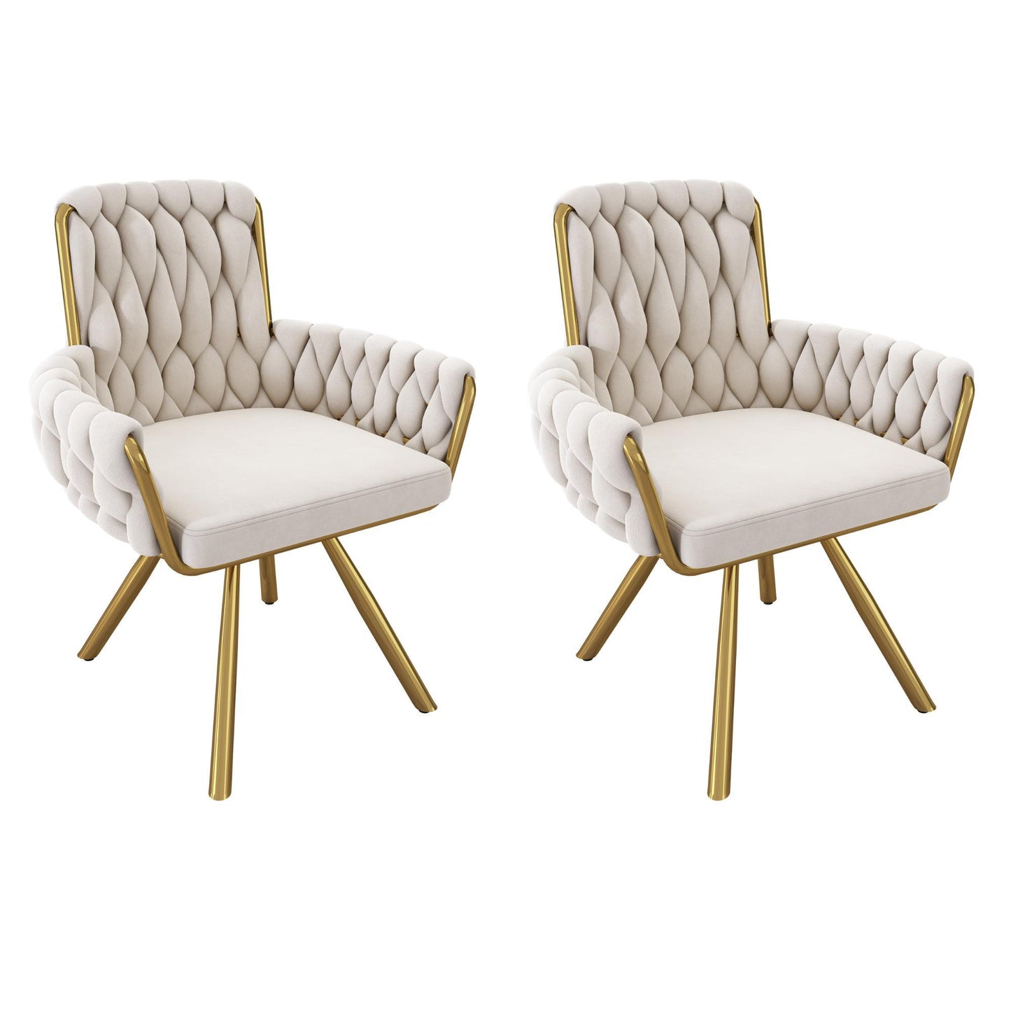 Set of 2 Velvet Dining Chairs with 4 Electroplated Metal Legs, Modern Swivel Chairs with Ergonomic Upholstery, 25'' L x 25'' W x 34'' H, Beige+Gold