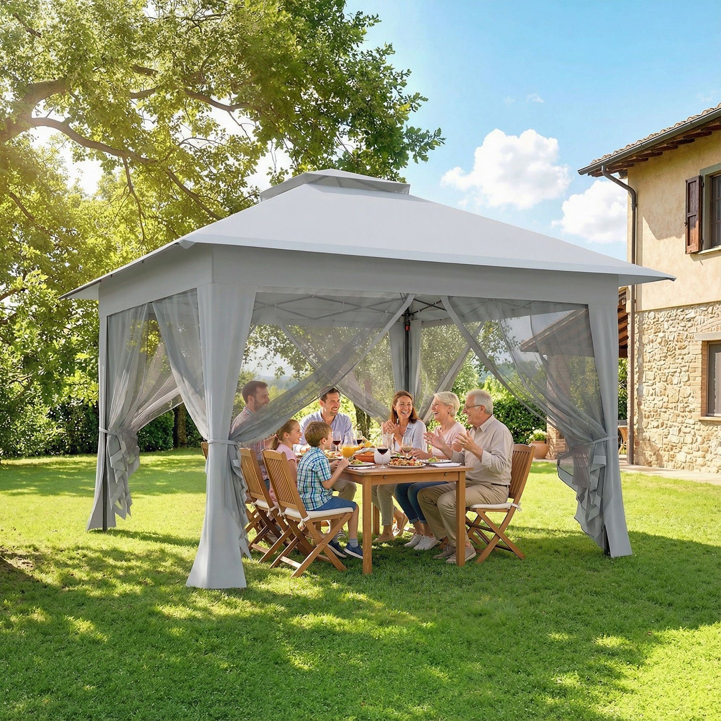 12' x 12' Foldable Pop-up Party Tent Instant Canopy Sun Shade Gazebo Shelter Steel Frame Oxford w/ Roller Bag, Light Grey