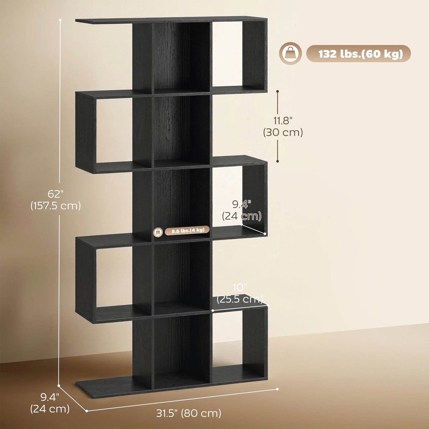 5-Tier S-Shaped Geometric Bookshelf - Black Wood Grain