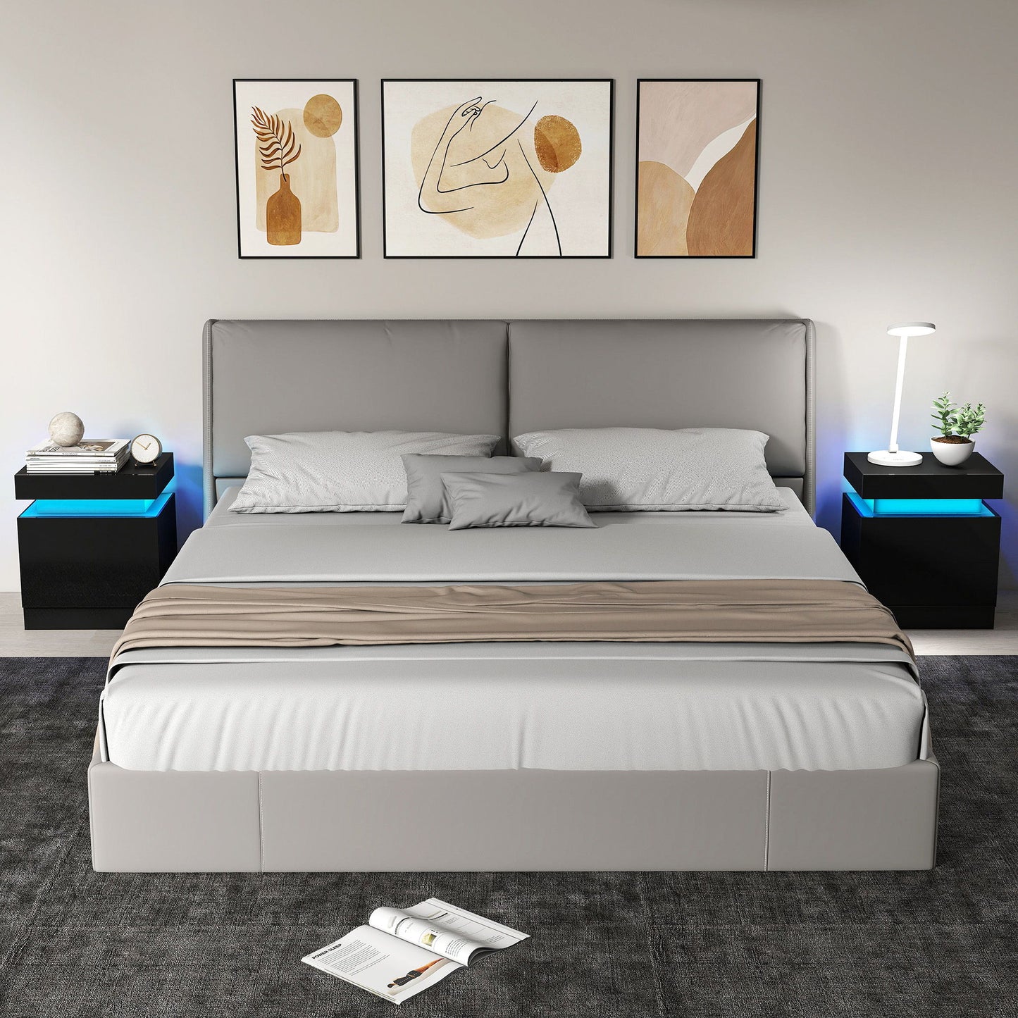 Nightstand Set of 2, End Side Tables with LED Lights, Bedside Tables with 2 Drawers, for Bedroom, Black