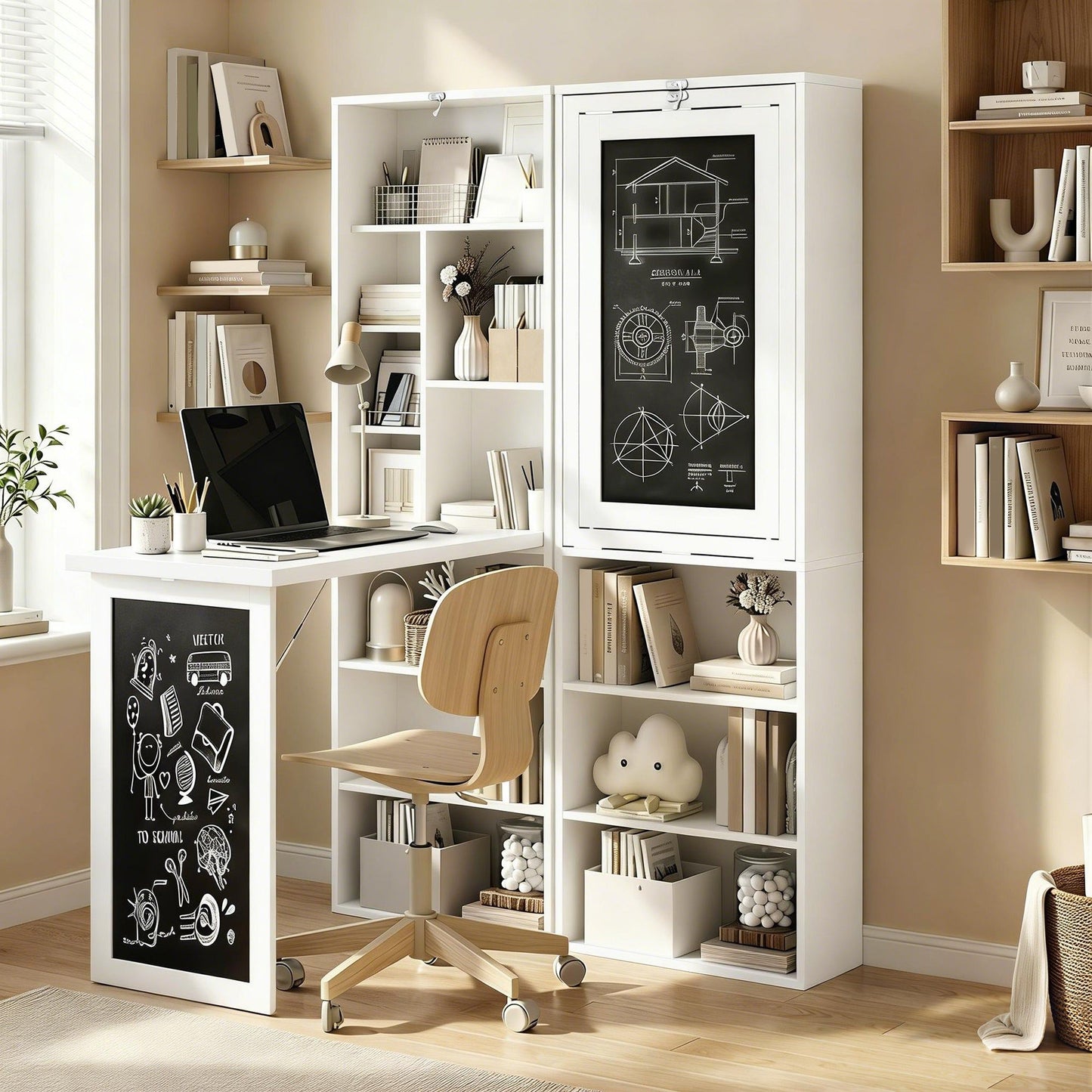 Fold-Out Wall-Mount Desk with Blackboard - White