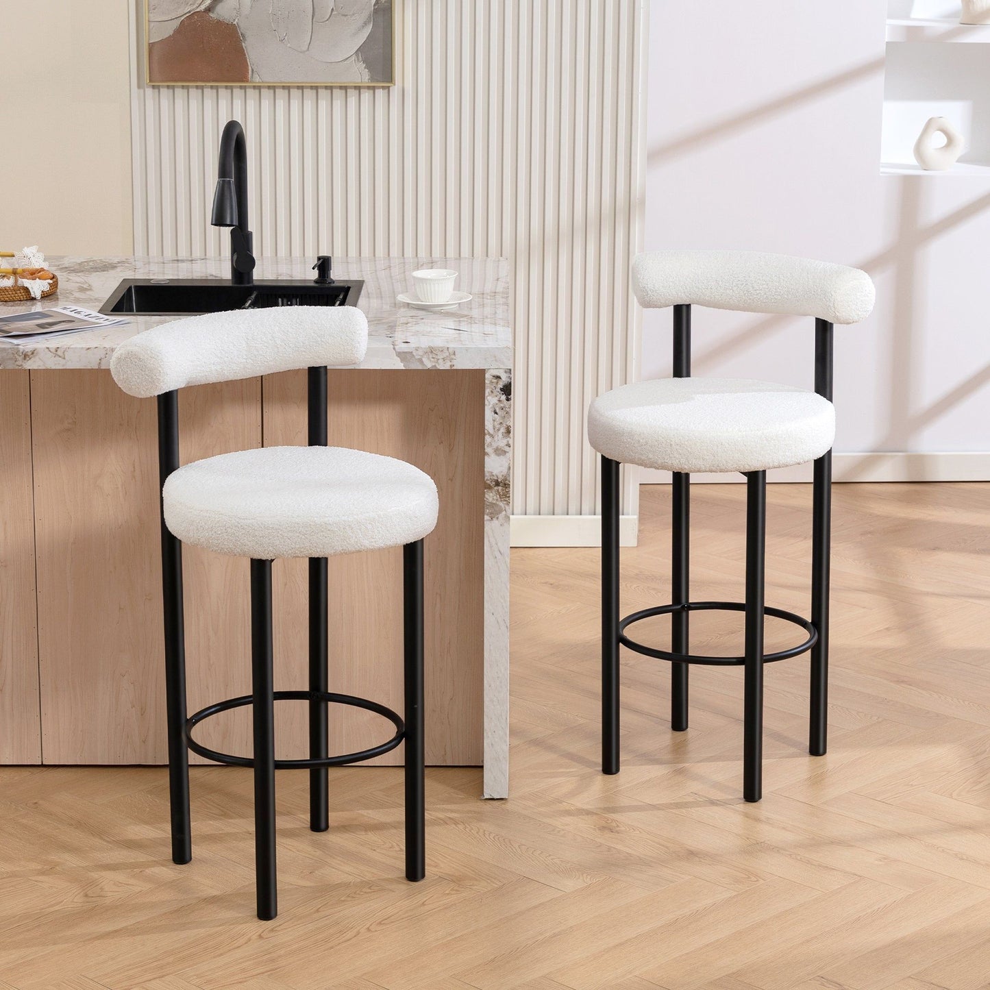 Sherpa Bar Stools Set of 2 with Backrest - Cream White